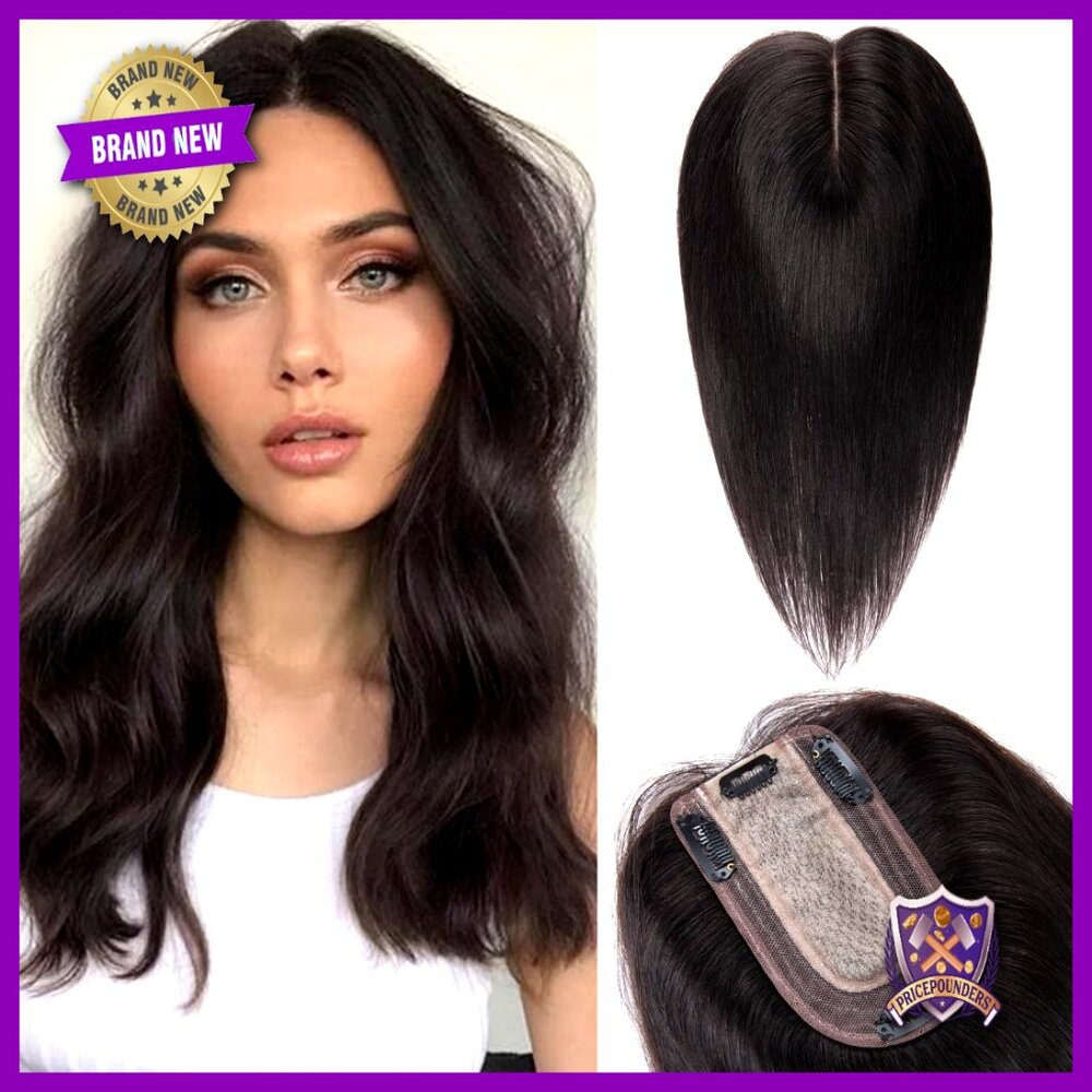 Human Hair Topper Silk Base Clip-In 150% Density No Bangs 12 Inch
